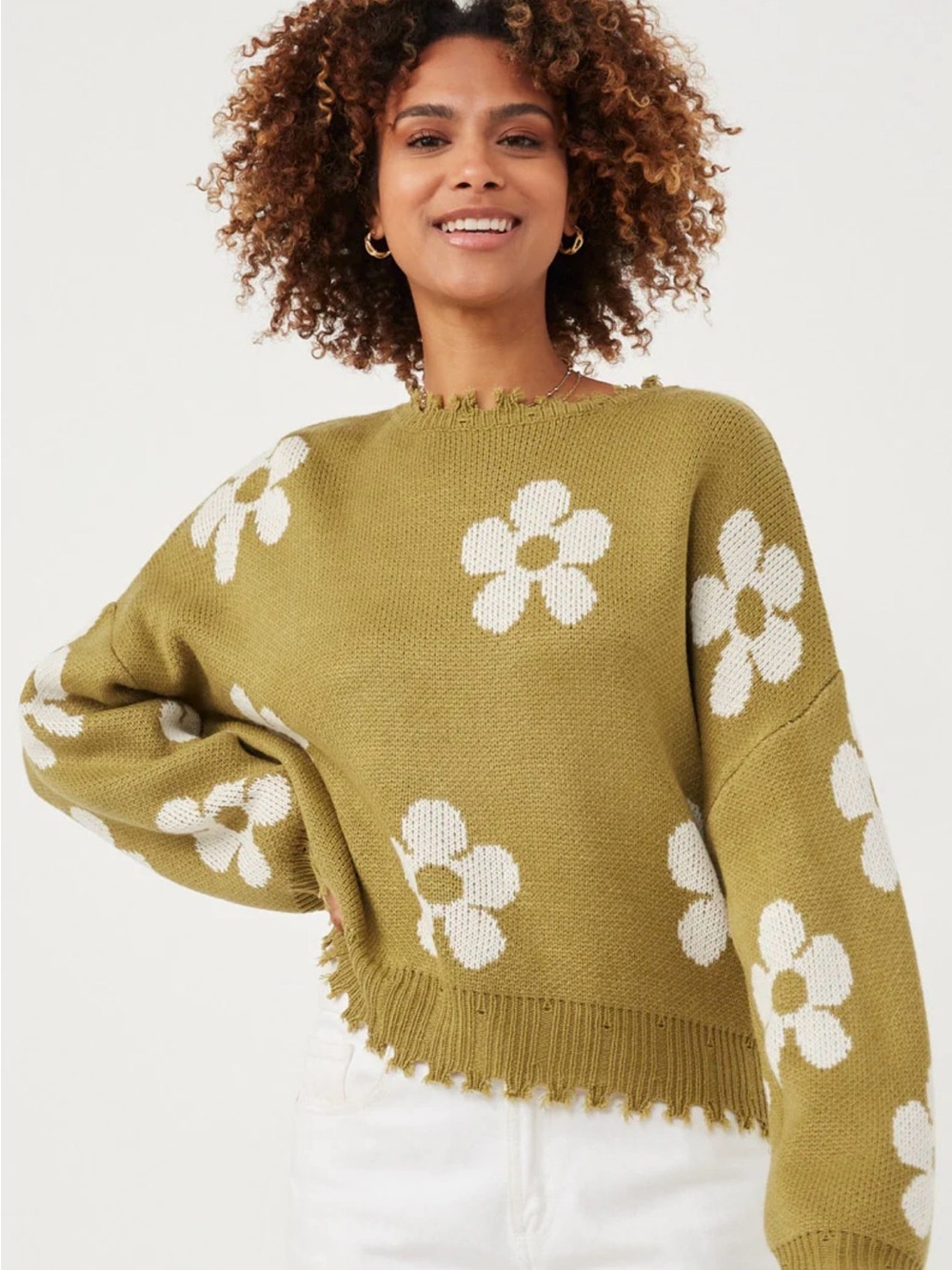 Hayden Olive Green Floral Crewneck Pullovet Sweater with White Daisy Pattern